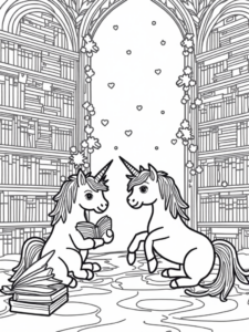 A coloring page of Unicorns in the enchanted library