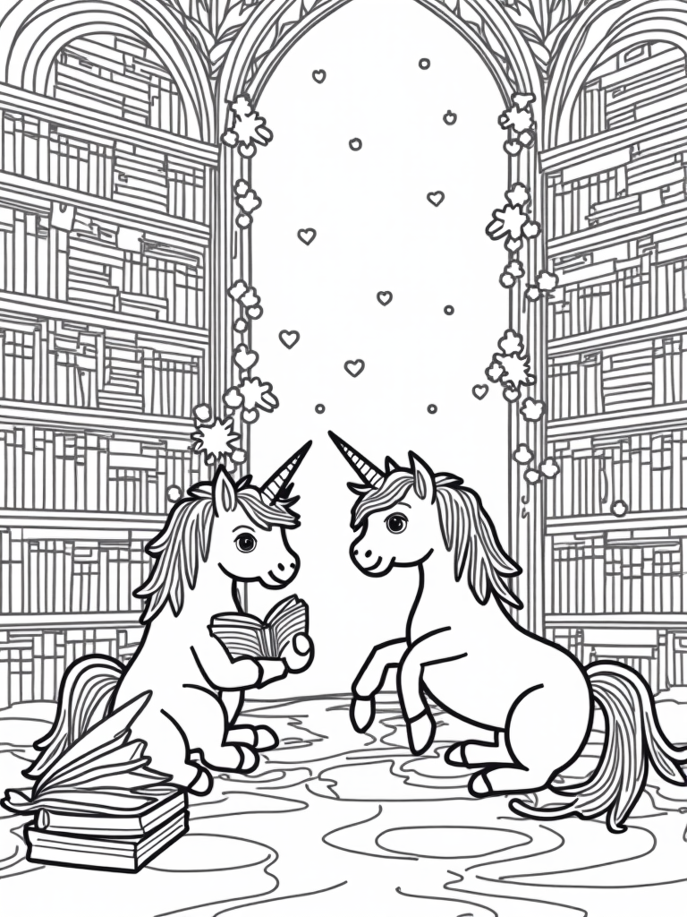 Unicorns in the enchanted library coloring pages