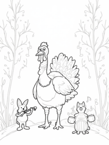 A coloring page of Turkey on a musical adventure