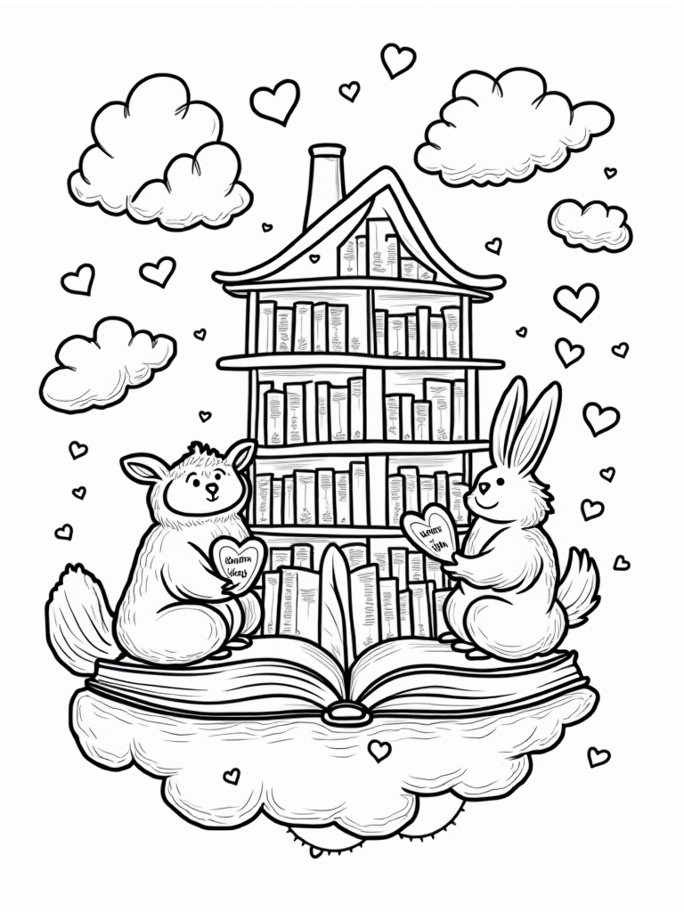 Animals reading in a floating library coloring pages