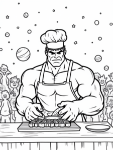 A coloring page of Hulk making sushi in space