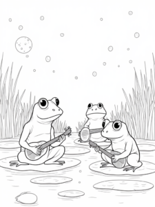 A coloring page of Frogs playing instruments in marsh