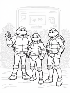 A coloring page of TMNT invention showcase scene