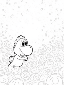 A coloring page of Yoshi in a flower garden