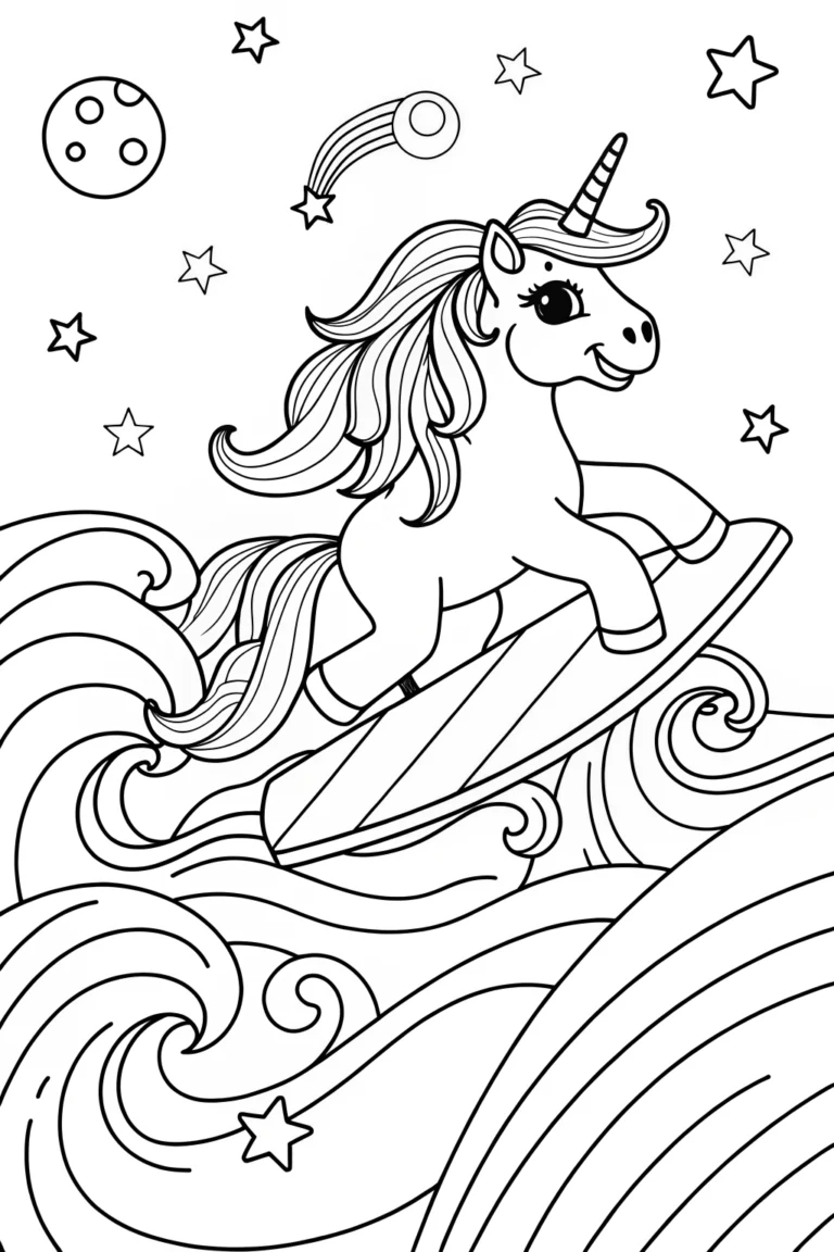 Unicorn surfing on cosmic waves coloring pages