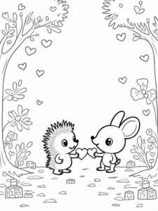 A coloring page of Hedgehog and bunny sharing hearts