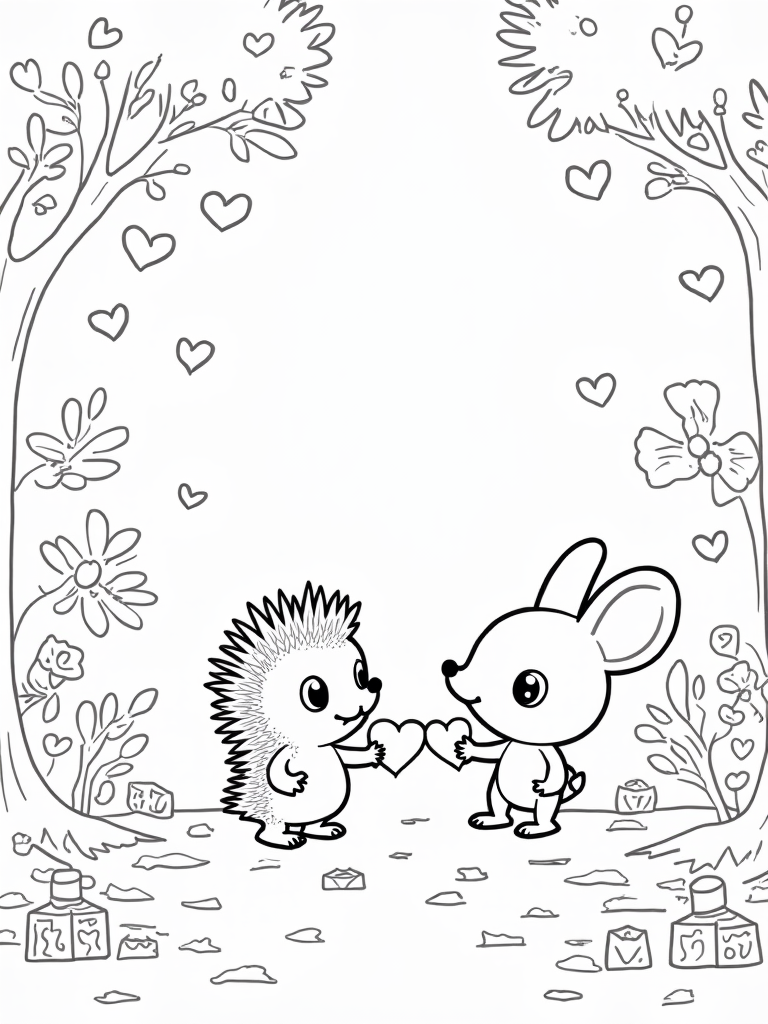Hedgehog and bunny sharing hearts coloring pages