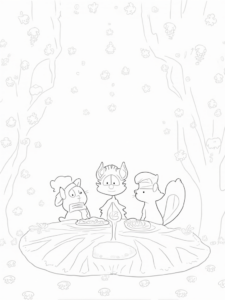 A coloring page of Thanksgiving celebration with friends