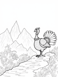 A coloring page of Turkey on a quest in the mountains
