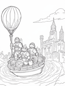 A coloring page of TMNT balloon race