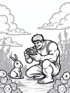 A coloring page of Hulk photographing a bunny