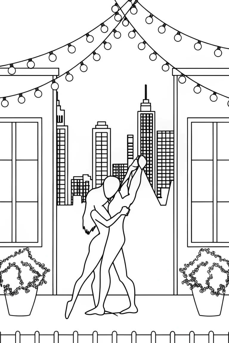 Dancers on a moonlit rooftop coloring pages