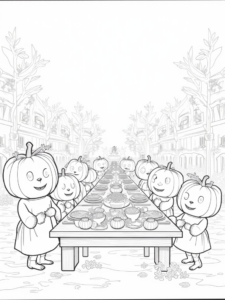 A coloring page of Thanksgiving in the enchanted pumpkin village