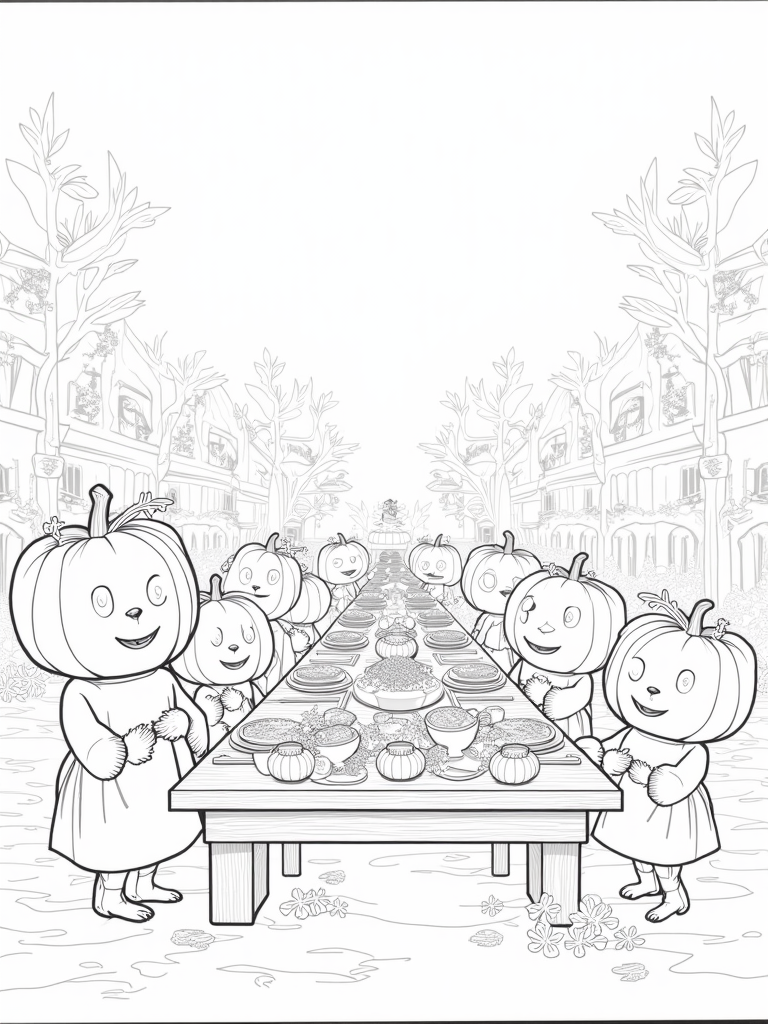 Thanksgiving in the enchanted pumpkin village coloring pages