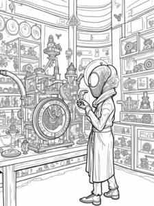 A coloring page of Venom inventing a clockwork machine