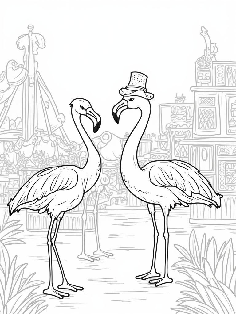 Flamingos at a vintage carnival