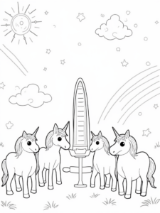 A coloring page of Unicorns at the weather station