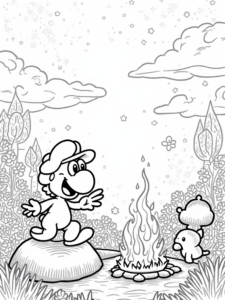 A coloring page of Yoshi storytelling by the campfire
