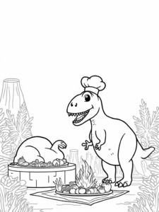 A coloring page of T-Rex cooking a Thanksgiving feast