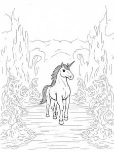 A coloring page of Unicorn in a mystical arena