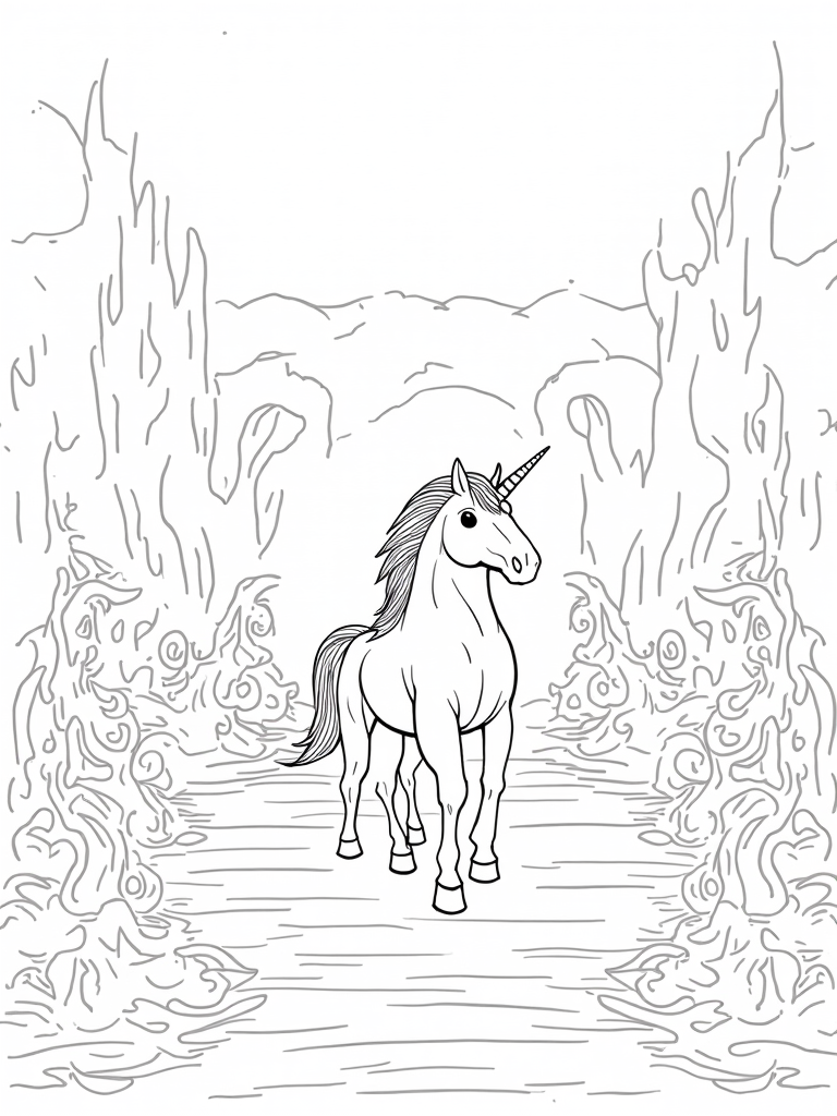Unicorn in a mystical arena coloring pages