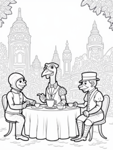 A coloring page of Turkey’s time-traveling tea party