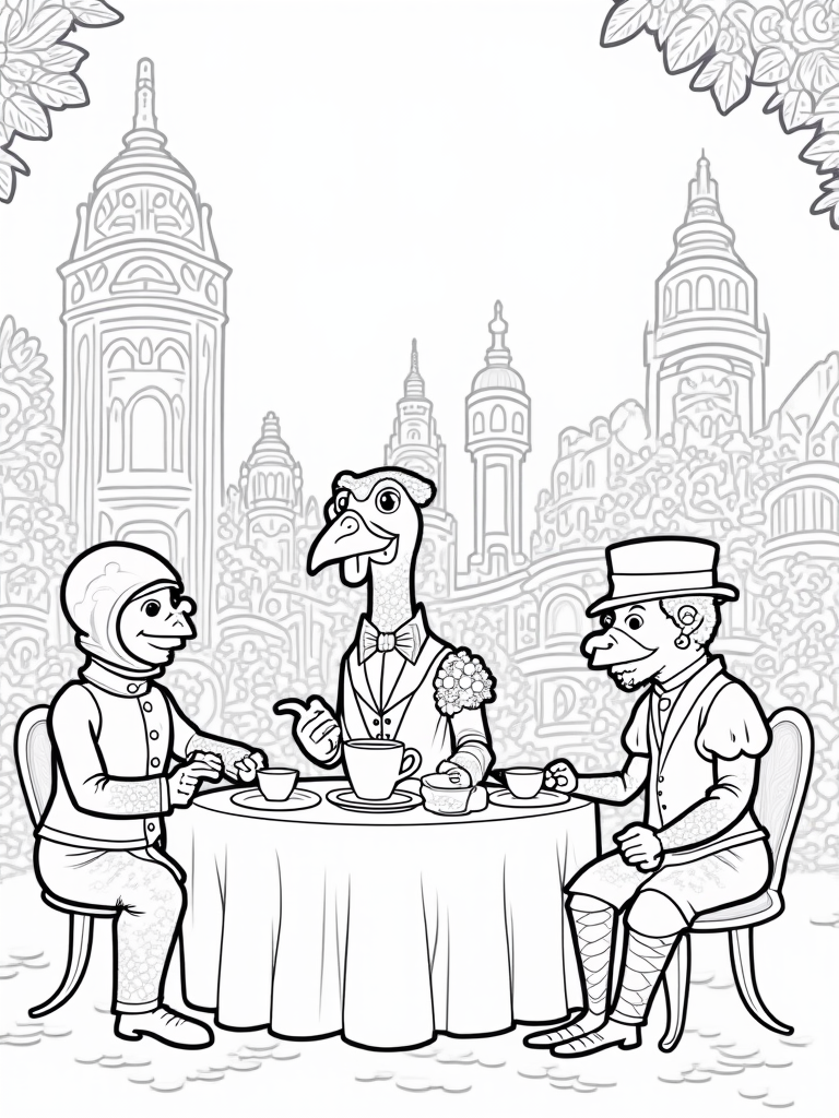 Turkey’s time-traveling tea party coloring pages