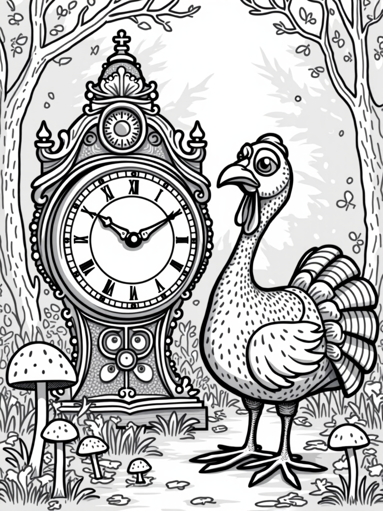 Turkey discovering a magical clock coloring pages