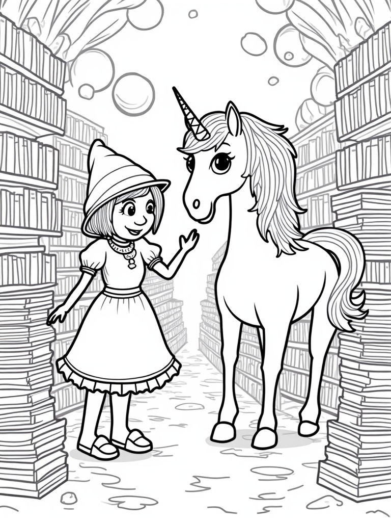 Unicorn in the enchanted bookstore coloring pages