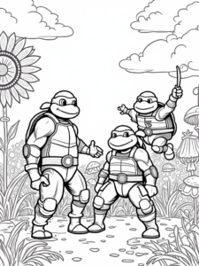 A coloring page of Teenage Mutant Ninja Turtles battle