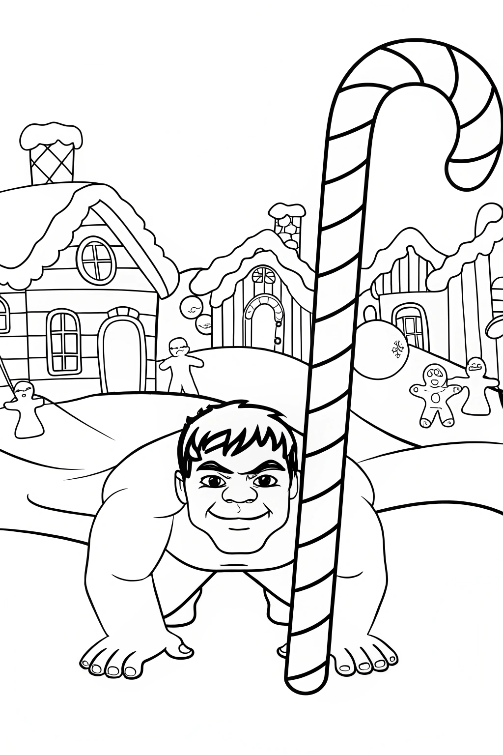 Hulk hiding in gingerbread village