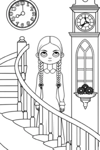A coloring page of Wednesday Addams in the clock tower