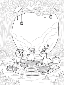 A coloring page of Thanksgiving dinner in the forest