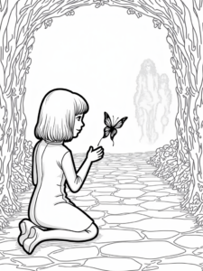 Wednesday Addams in a shadowy garden