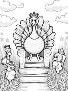 A coloring page of Turkey on a throne of feathers