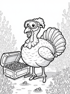 A coloring page of Turkey exploring an underwater world