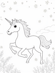 A coloring page of Unicorn in a magical garden