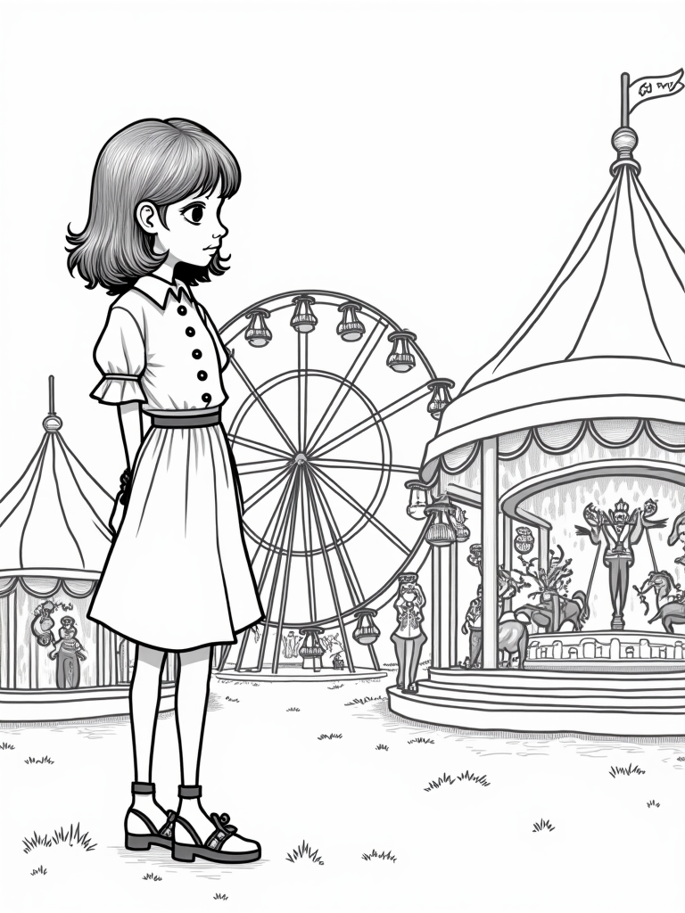 Wednesday Addams at the carnival coloring pages
