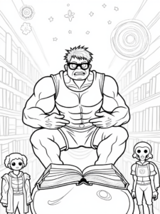 A coloring page of Hulk as a cosmic librarian