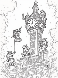A coloring page of TMNT in the enchanted clock tower