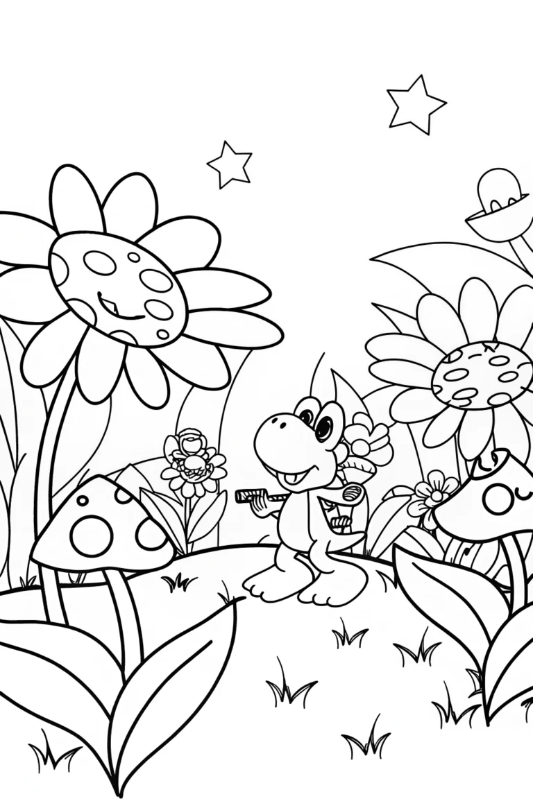 Yoshi in a magical garden coloring pages