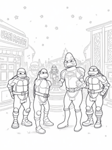 A coloring page of TMNT at a cosmic carnival