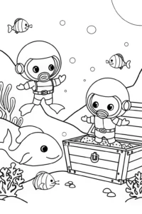 A coloring page of Ninja Turtles underwater treasure hunt