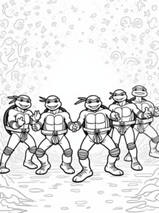 A coloring page of Teenage Mutant Ninja Turtles dance-off