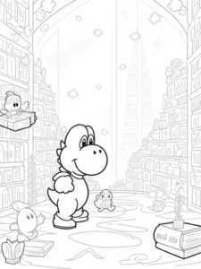 Yoshi in a magical library