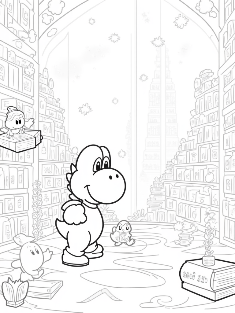 Yoshi in a magical library coloring pages