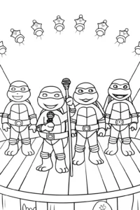 A coloring page of Teenage Mutant Ninja Turtles talent show
