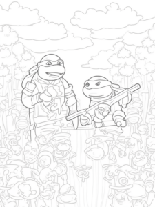 A coloring page of Turtles in a candy kingdom