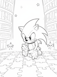 A coloring page of Super Sonic solving a puzzle