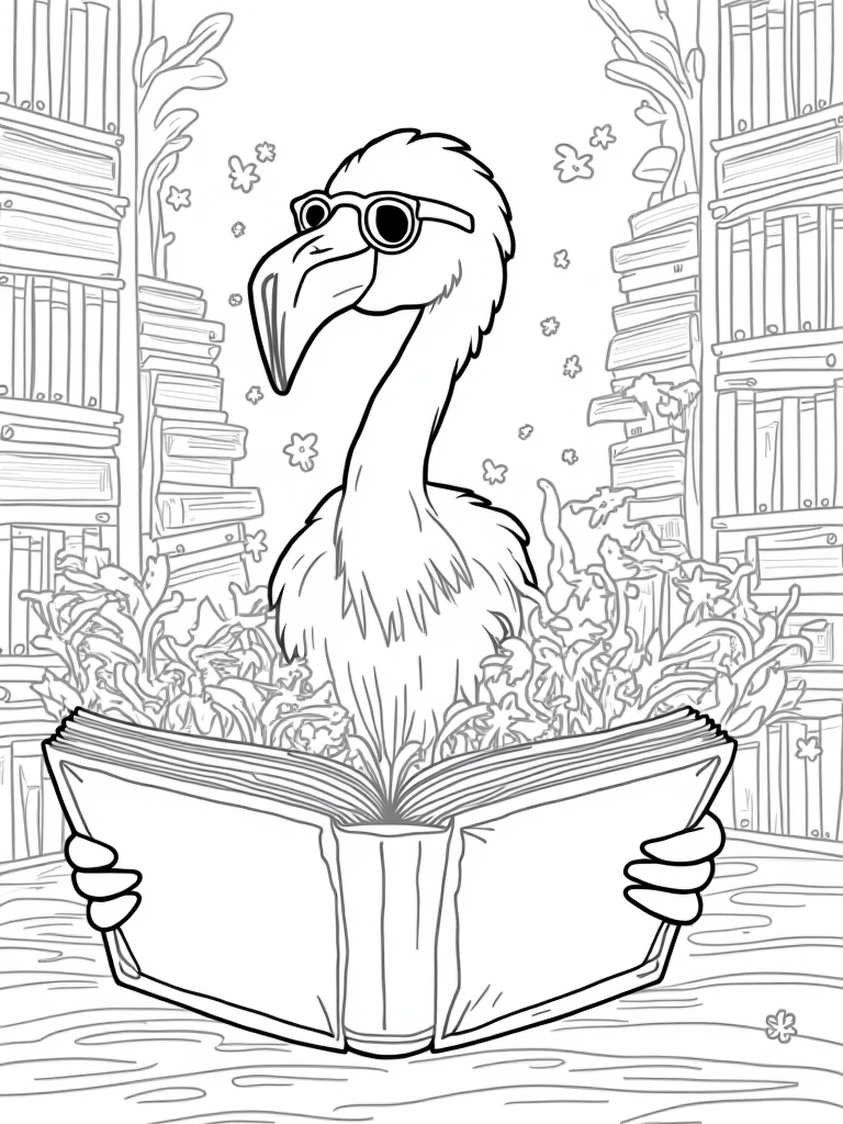 Flamingo librarian reading a book